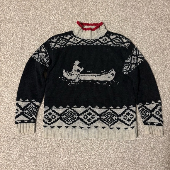 Vintage Ralph Lauren Hand Knit Sweater M Cotton Linen Canoe 90s Mock Turtleneck - Picture 2 of 8